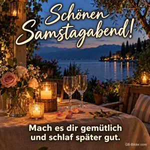 Gedeckter Tisch mit Kerzen und Gläsern am abendlichen See, Text: Schönen Samstagabend! – Mach es dir gemütlich und schlaf später gut.