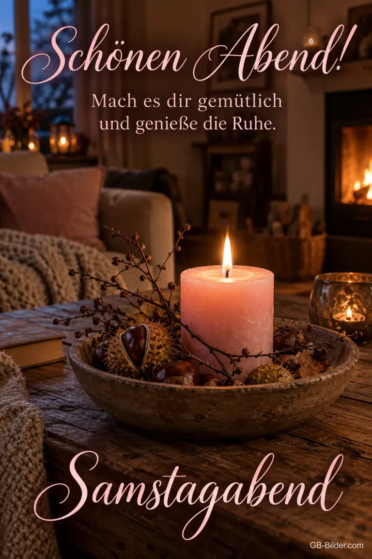 Rosa Kerze in einer Holzschale vor dem Kamin, Text: Schönen Abend! – Mach es dir gemütlich und genieße die Ruhe. Samstagabend