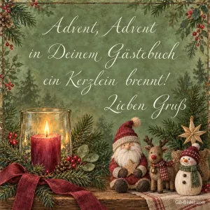 Brennende Kerze im Glas neben Weihnachtsmann, Rentier und Schneemann, Text: Advent, Advent in Deinem Gästebuch ein Kerzlein brennt! Lieben Gruß