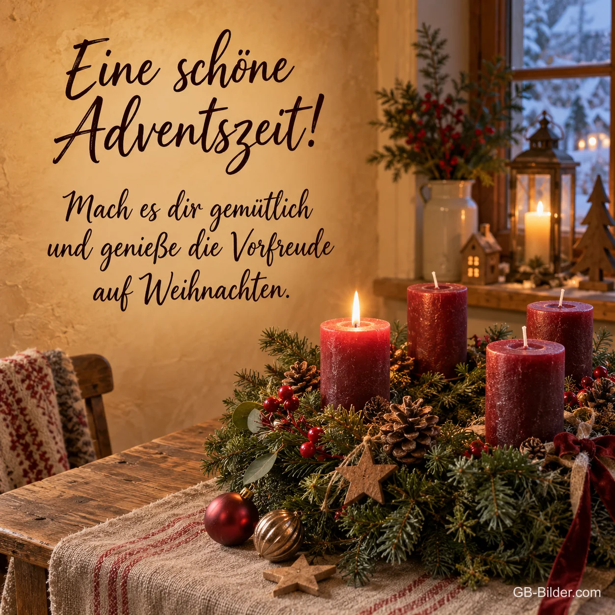Adventskranz auf einem Holztisch, eine Kerze brennt, Text: Eine schöne Adventszeit! – Mach es dir gemütlich und genieße die Vorfreude auf Weihnachten. Adventskranz auf einem Holztisch, eine Kerze brennt, Text: Eine schöne Adventszeit! – Mach es dir gemütlich und genieße die Vorfreude auf Weihnachten.