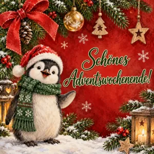 Pinguin mit Mütze und Schal winkt im Schnee, Text: Schönes Adventswochenende!