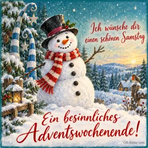 Schneemann mit Zylinder und Schal im Winterdorf, Text: Ich wünsche dir einen schönen Samstag – Ein besinnliches Adventswochenende!