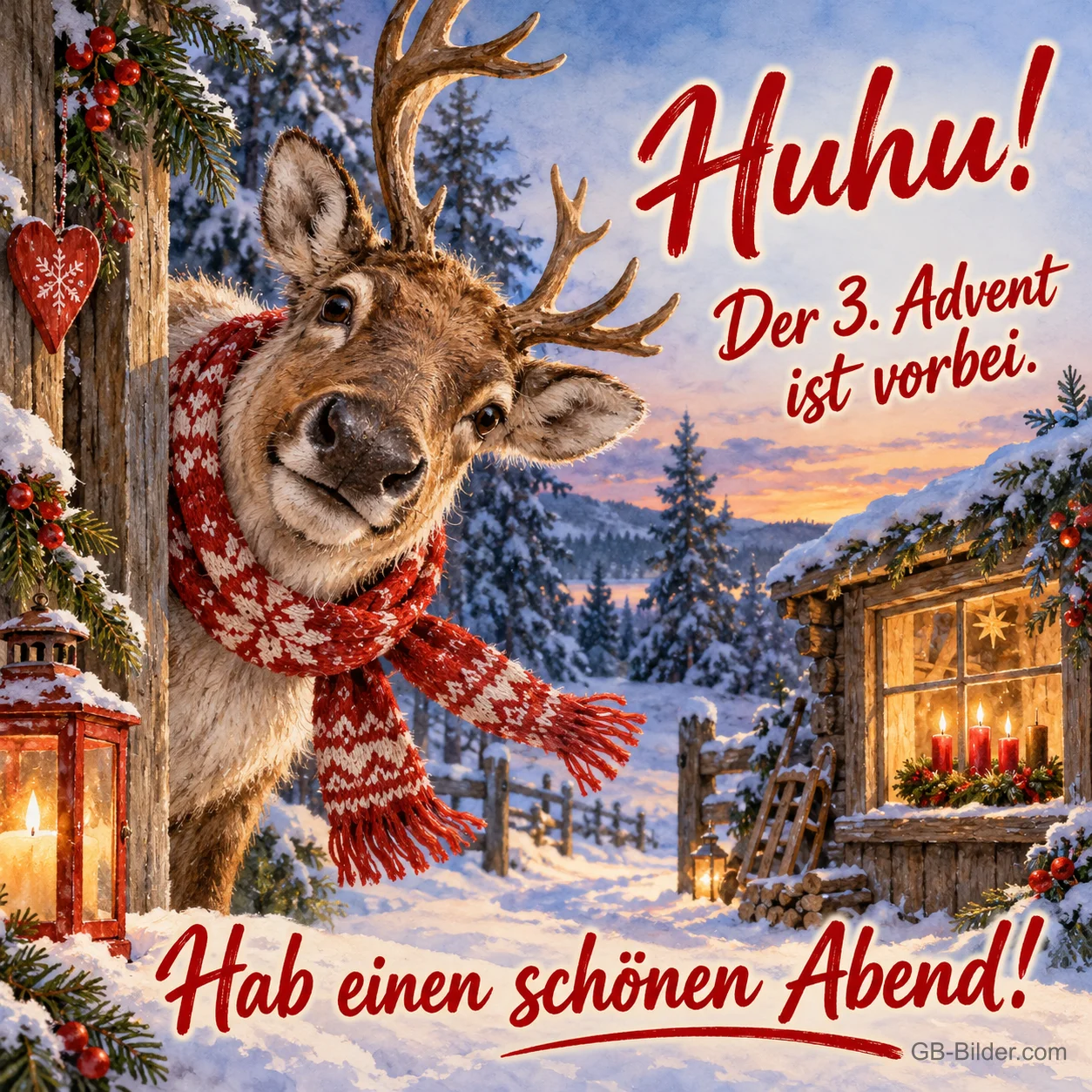 Rentier mit Schal schaut um eine Hausecke im Schnee, Text: Huhu! Der 3. Advent ist vorbei. – Hab einen schönen Abend! Rentier mit Schal schaut um eine Hausecke im Schnee, Text: Huhu! Der 3. Advent ist vorbei. – Hab einen schönen Abend!