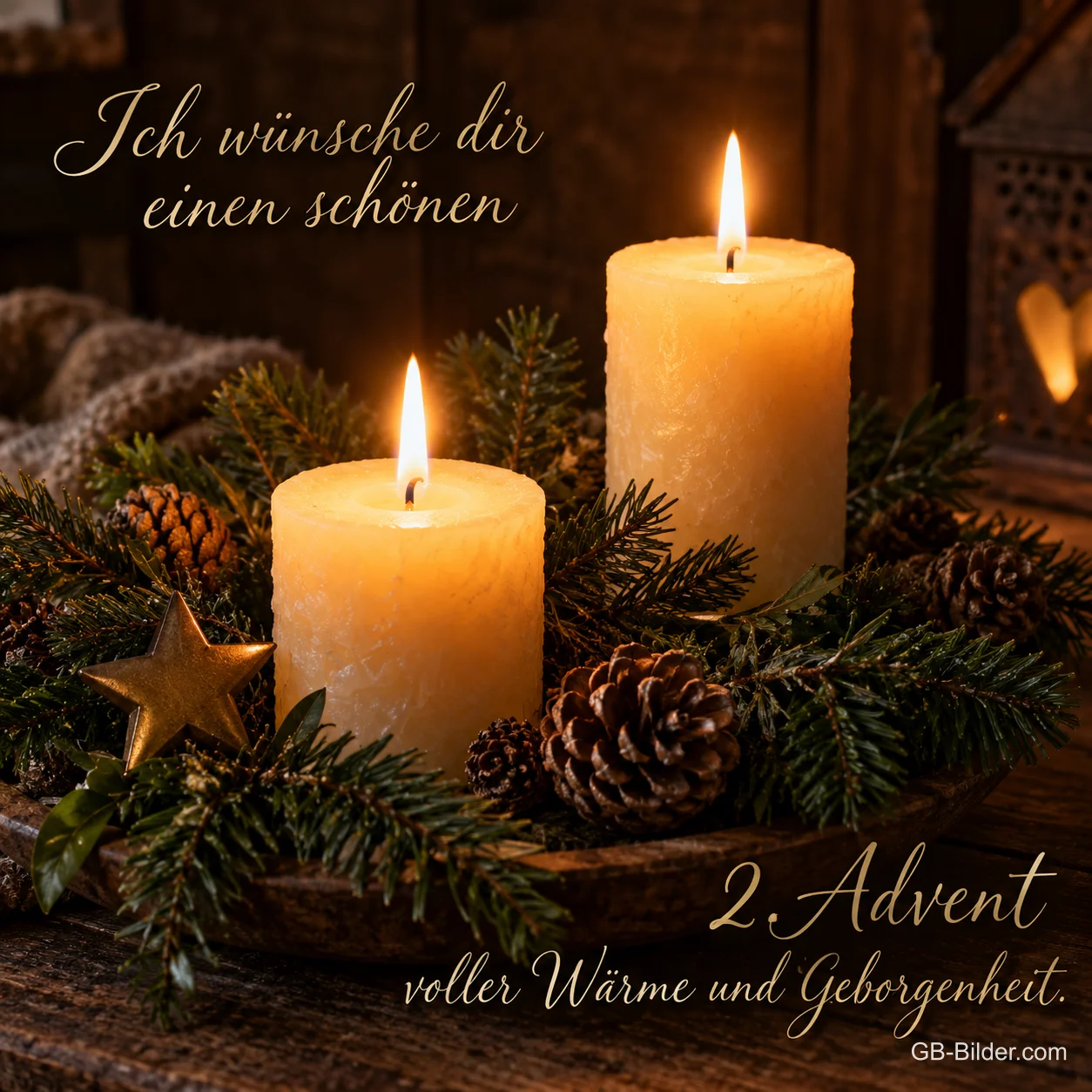 Zwei brennende Kerzen zwischen Tannenzweigen und Zapfen, Text: Ich wünsche dir einen schönen – 2. Advent voller Wärme und Geborgenheit. Zwei brennende Kerzen zwischen Tannenzweigen und Zapfen, Text: Ich wünsche dir einen schönen – 2. Advent voller Wärme und Geborgenheit.