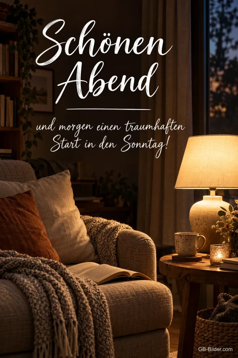Sessel mit Decke und Lampe im abendlichen Zimmer, Text: Schönen Abend – und morgen einen traumhaften Start in den Sonntag!