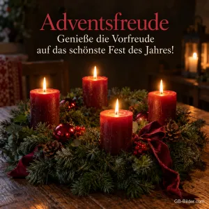 Adventskranz mit vier brennenden roten Kerzen, Text: Adventsfreude – Genieße die Vorfreude auf das schönste Fest des Jahres!
