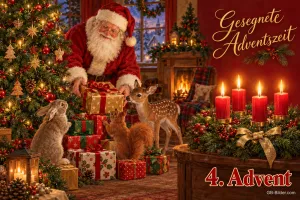 Weihnachtsmann mit Geschenken, Hase, Eichhörnchen und Reh, vier brennende Kerzen, Text: Gesegnete Adventszeit – 4. Advent