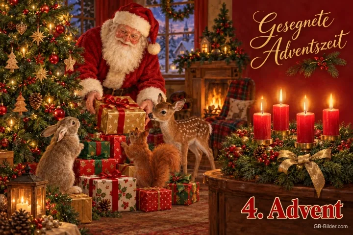 Weihnachtsmann mit Geschenken, Hase, Eichhörnchen und Reh, vier brennende Kerzen, Text: Gesegnete Adventszeit – 4. Advent Weihnachtsmann mit Geschenken, Hase, Eichhörnchen und Reh, vier brennende Kerzen, Text: Gesegnete Adventszeit – 4. Advent