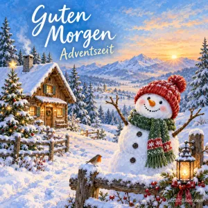 Schneemann mit Mütze neben einer verschneiten Hütte, Text: Guten Morgen – Adventszeit