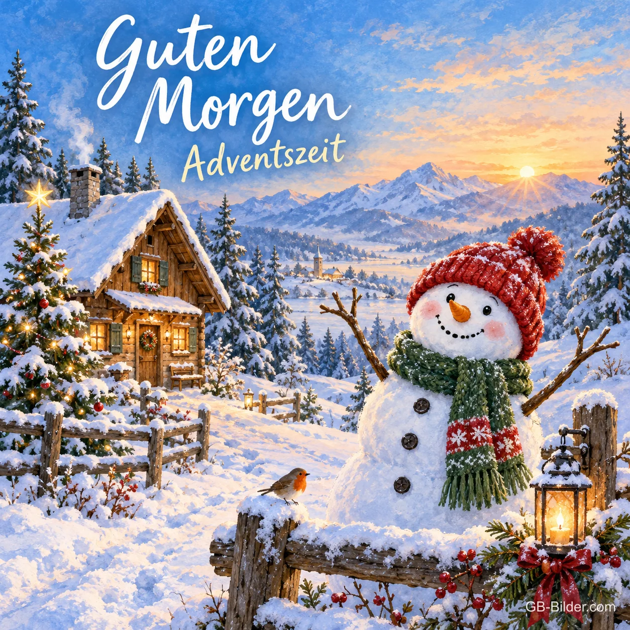 Schneemann mit Mütze neben einer verschneiten Hütte, Text: Guten Morgen – Adventszeit Schneemann mit Mütze neben einer verschneiten Hütte, Text: Guten Morgen – Adventszeit