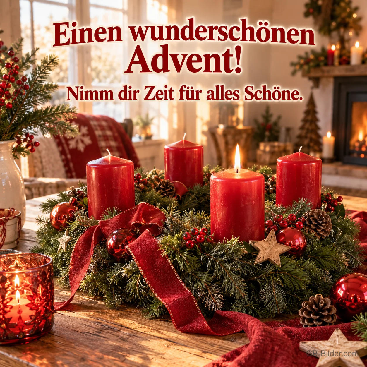 Adventskranz mit roten Kerzen, eine brennt, im Wohnzimmer, Text: Einen wunderschönen Advent! – Nimm dir Zeit für alles Schöne. Adventskranz mit roten Kerzen, eine brennt, im Wohnzimmer, Text: Einen wunderschönen Advent! – Nimm dir Zeit für alles Schöne.