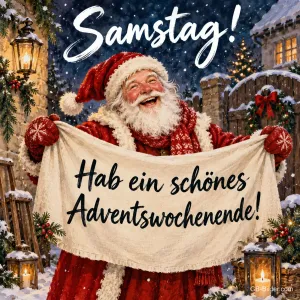 Lachender Weihnachtsmann hält ein Banner, Text: Samstag! – Hab ein schönes Adventswochenende!