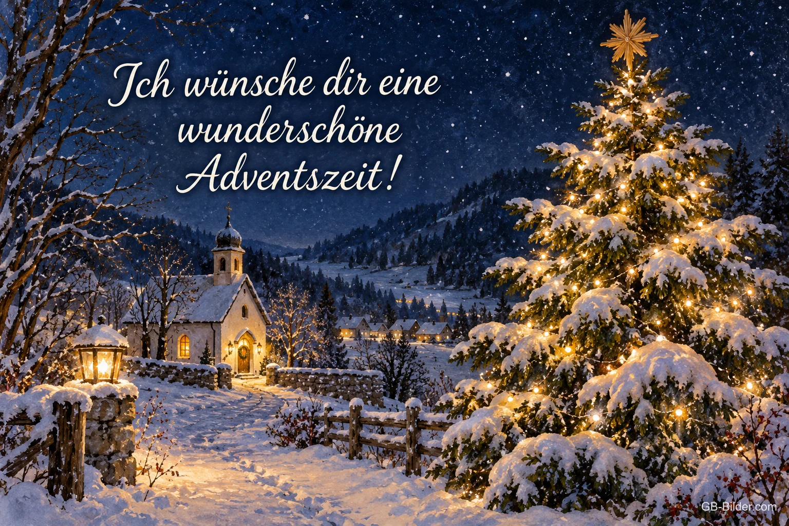 Leuchtender Tannenbaum vor einer verschneiten Kapelle, Text: Ich wünsche dir eine wunderschöne Adventszeit! Leuchtender Tannenbaum vor einer verschneiten Kapelle, Text: Ich wünsche dir eine wunderschöne Adventszeit!