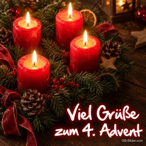 Vier brennende rote Kerzen zwischen Tannenzweigen, Text: Viel Grüße zum 4. Advent