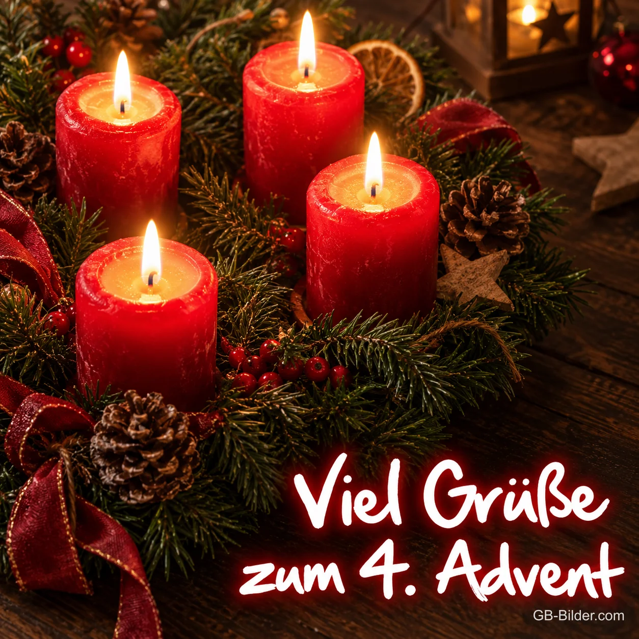 Vier brennende rote Kerzen zwischen Tannenzweigen, Text: Viel Grüße zum 4. Advent Vier brennende rote Kerzen zwischen Tannenzweigen, Text: Viel Grüße zum 4. Advent