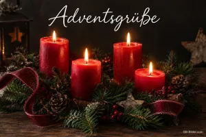 Vier brennende rote Kerzen im Kranz mit Zapfen, Text: Adventsgrüße