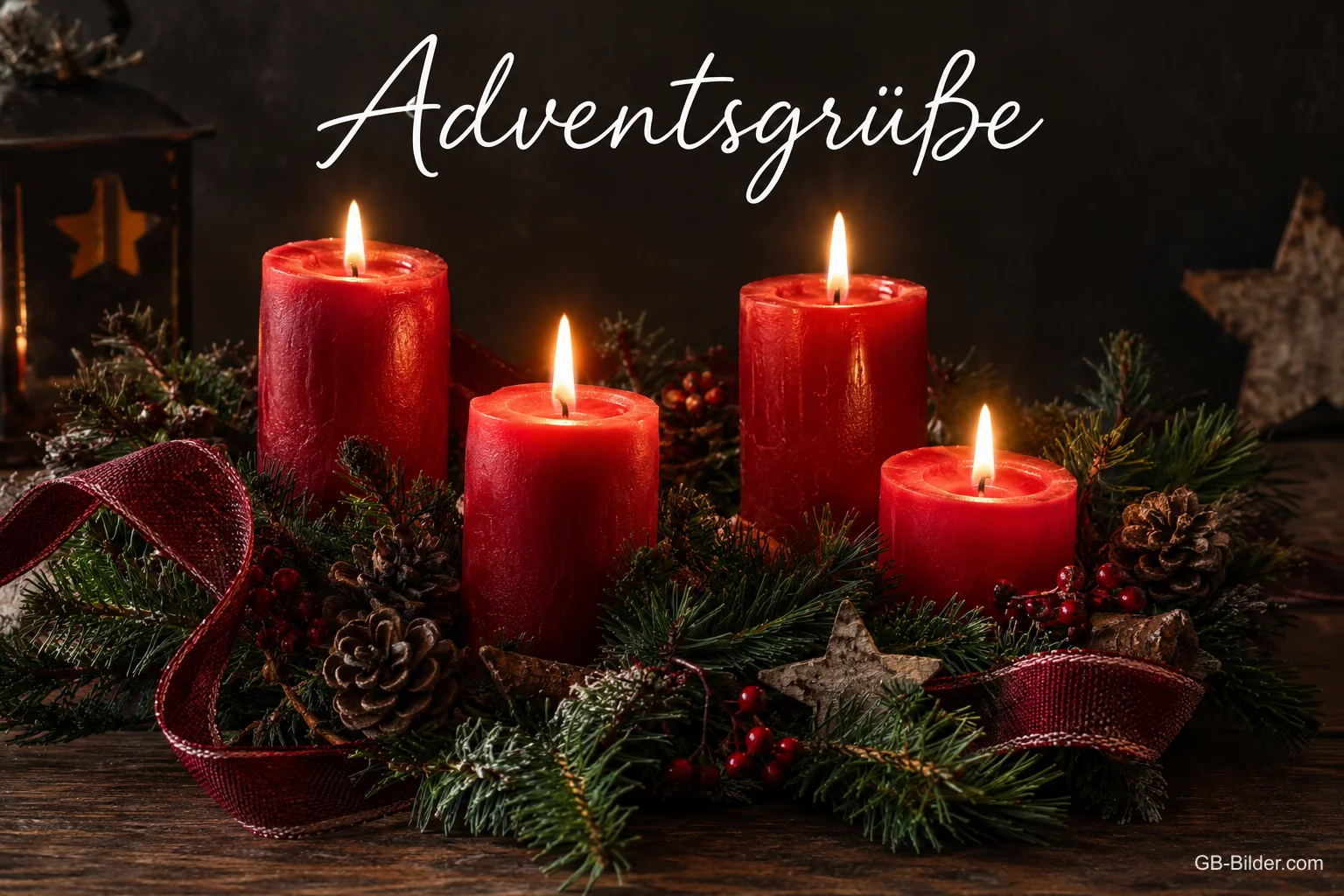 Vier brennende rote Kerzen im Kranz mit Zapfen, Text: Adventsgrüße Vier brennende rote Kerzen im Kranz mit Zapfen, Text: Adventsgrüße