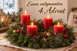 Adventskranz mit vier brennenden roten Kerzen, Text: Einen entspannten 4. Advent