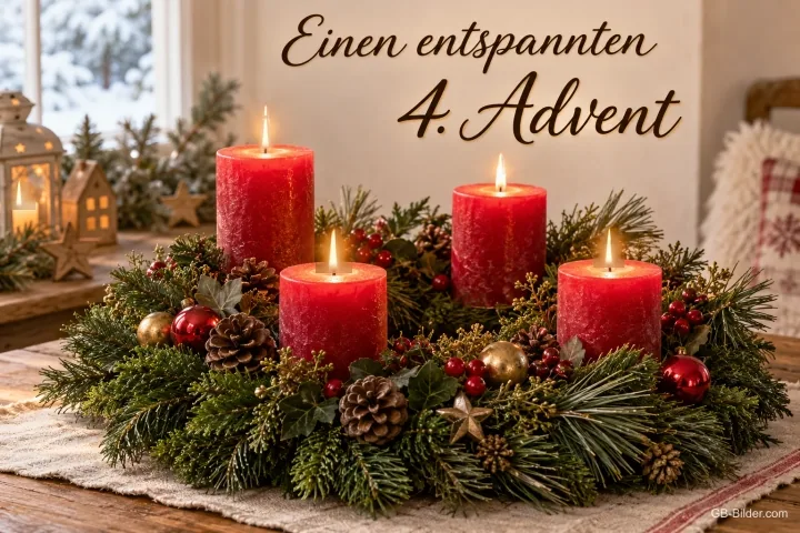 Adventskranz mit vier brennenden roten Kerzen, Text: Einen entspannten 4. Advent Adventskranz mit vier brennenden roten Kerzen, Text: Einen entspannten 4. Advent