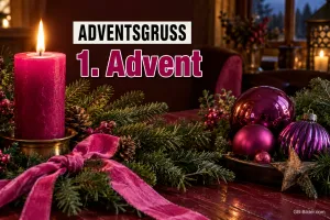 Brennende pinke Kerze mit lila Kugeln und Schleife, Text: ADVENTSGRUSS – 1. Advent