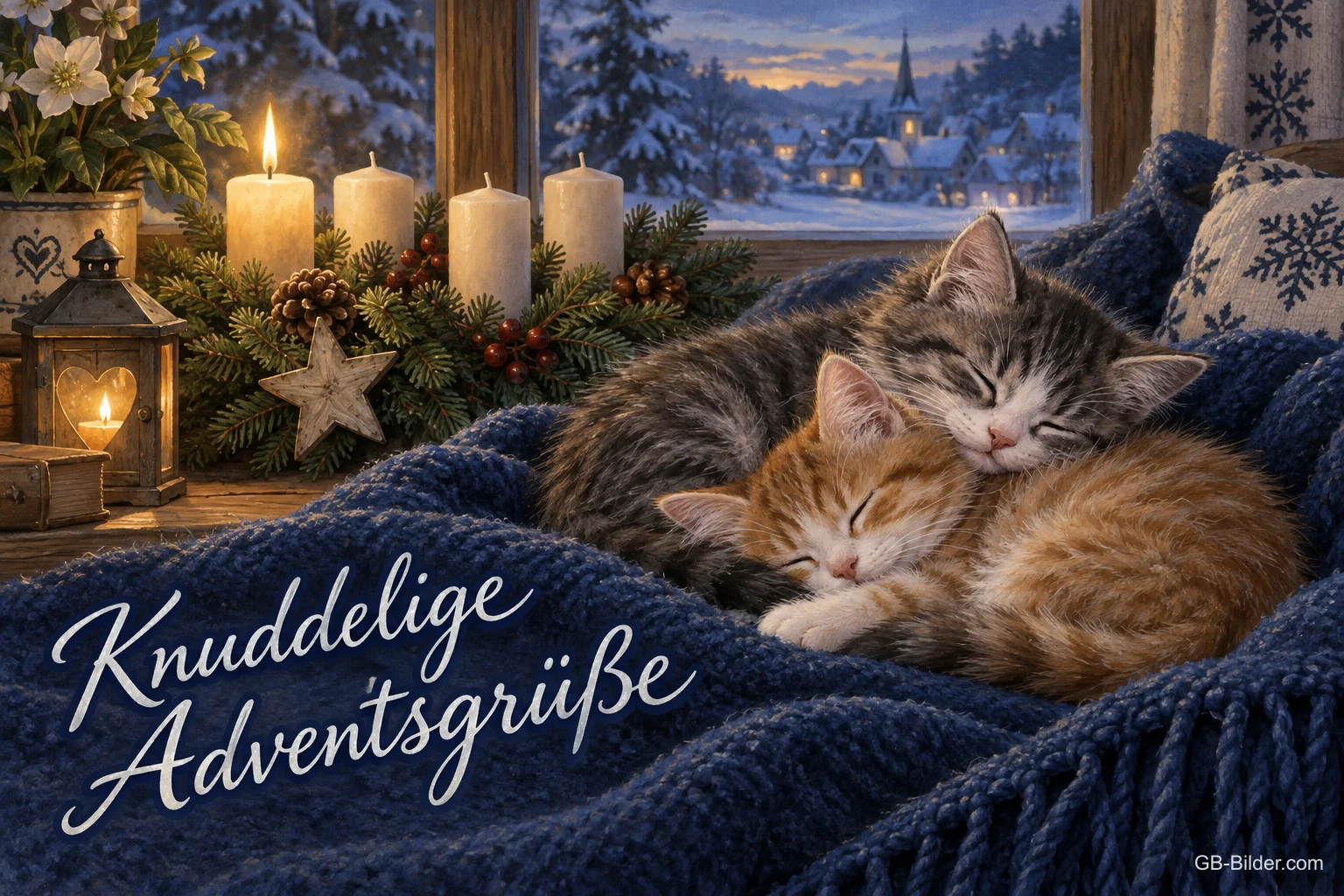 Zwei Kätzchen schlafen auf einer Decke vor Kerzen, Text: Knuddelige Adventsgrüße Zwei Kätzchen schlafen auf einer Decke vor Kerzen, Text: Knuddelige Adventsgrüße