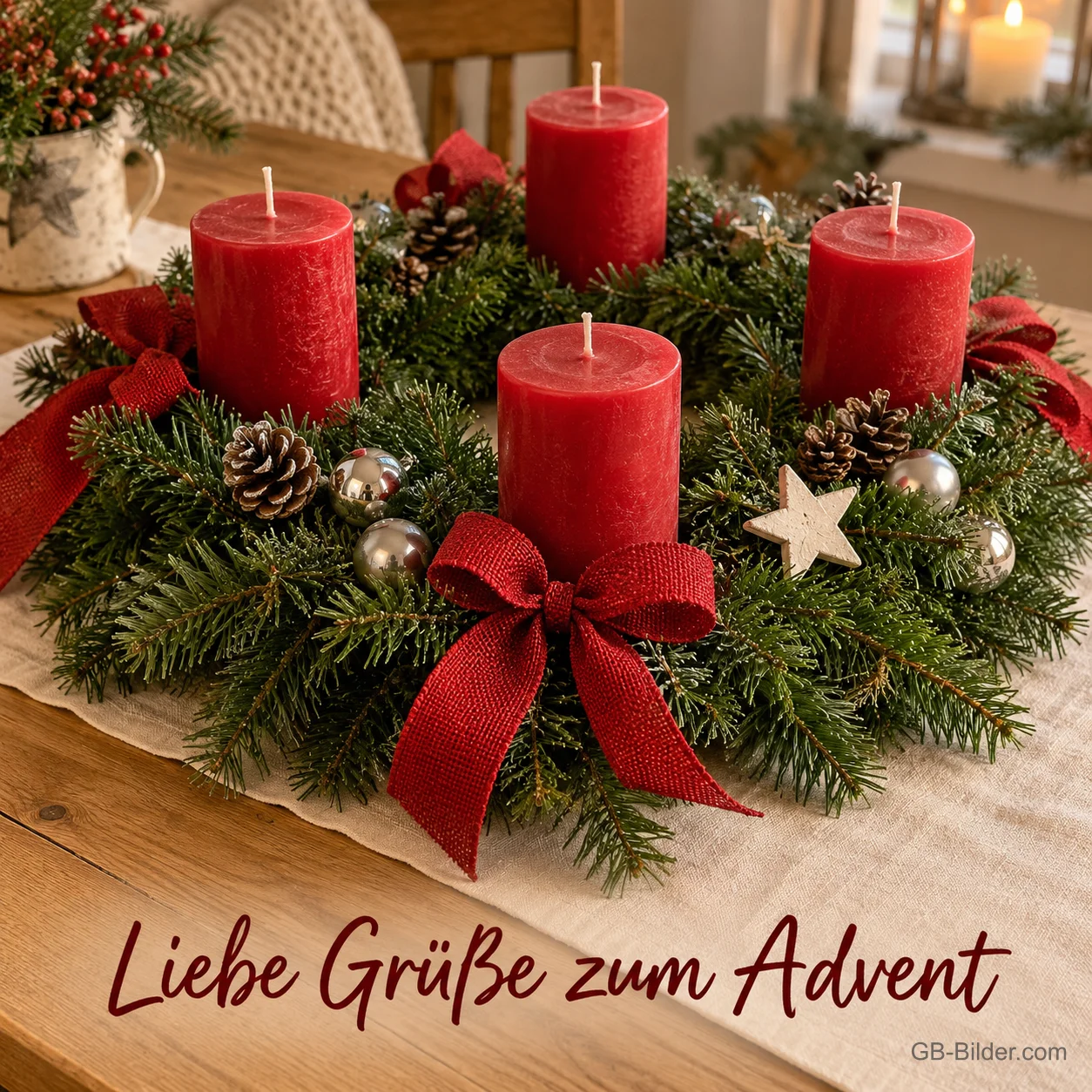 Adventskranz mit vier roten Kerzen und Schleifen, Text: Liebe Grüße zum Advent Adventskranz mit vier roten Kerzen und Schleifen, Text: Liebe Grüße zum Advent