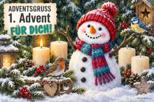 Schneemann mit Mütze und Schal, Rotkehlchen und Meise, eine Kerze brennt, Text: ADVENTSGRUSS – 1. Advent FÜR DICH!