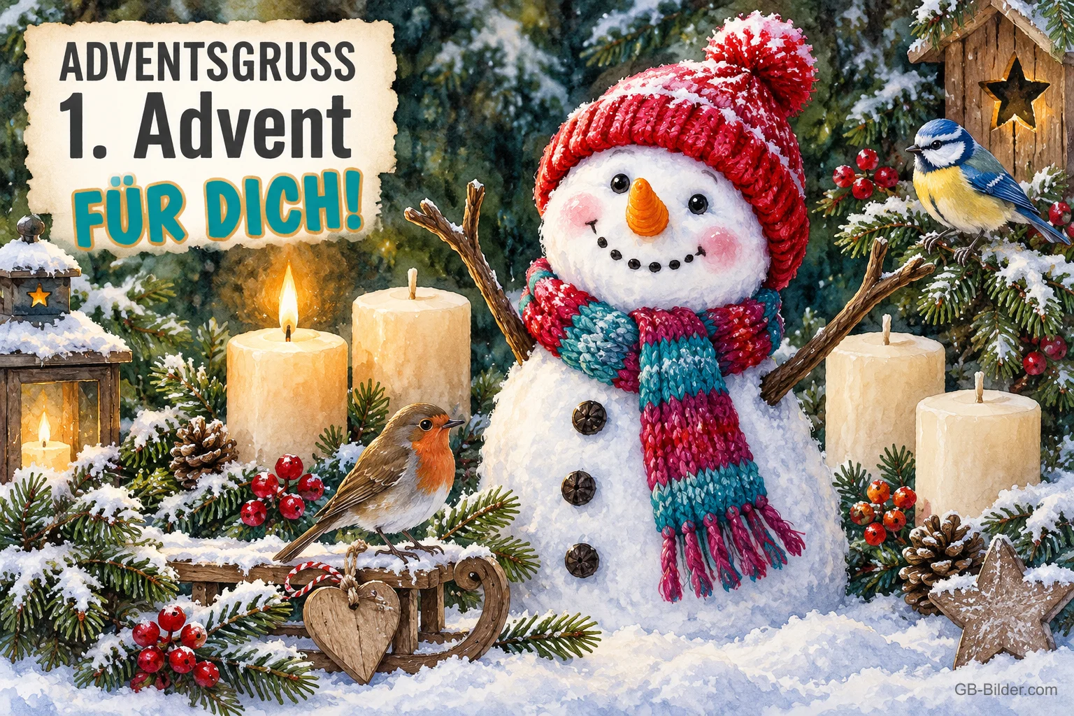 Schneemann mit Mütze und Schal, Rotkehlchen und Meise, eine Kerze brennt, Text: ADVENTSGRUSS – 1. Advent FÜR DICH! Schneemann mit Mütze und Schal, Rotkehlchen und Meise, eine Kerze brennt, Text: ADVENTSGRUSS – 1. Advent FÜR DICH!