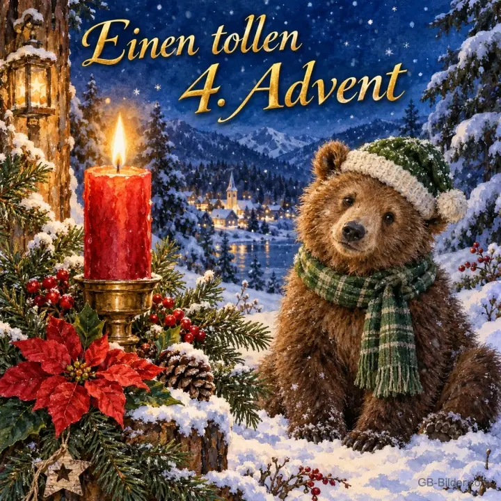 Bärenjunges mit Mütze und Schal neben einer brennenden Kerze im Schnee, Text: Einen tollen 4. Advent Bärenjunges mit Mütze und Schal neben einer brennenden Kerze im Schnee, Text: Einen tollen 4. Advent