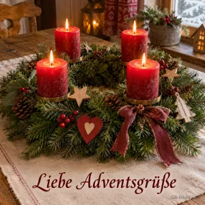 Adventskranz mit vier brennenden roten Kerzen auf dem Tisch, Text: Liebe Adventsgrüße
