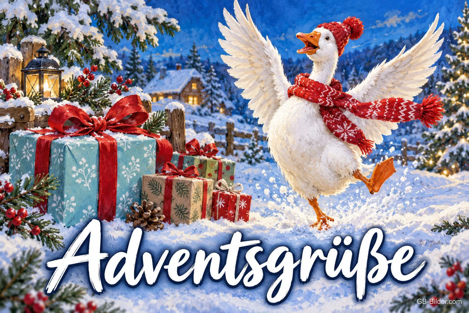Gans mit Mütze und Schal tanzt zwischen Geschenken im Schnee, Text: Adventsgrüße Gans mit Mütze und Schal tanzt zwischen Geschenken im Schnee, Text: Adventsgrüße