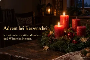 Adventsgesteck mit vier roten Kerzen, zwei brennen, Text: Advent bei Kerzenschein – Ich wünsche dir stille Momente und Wärme im Herzen.
