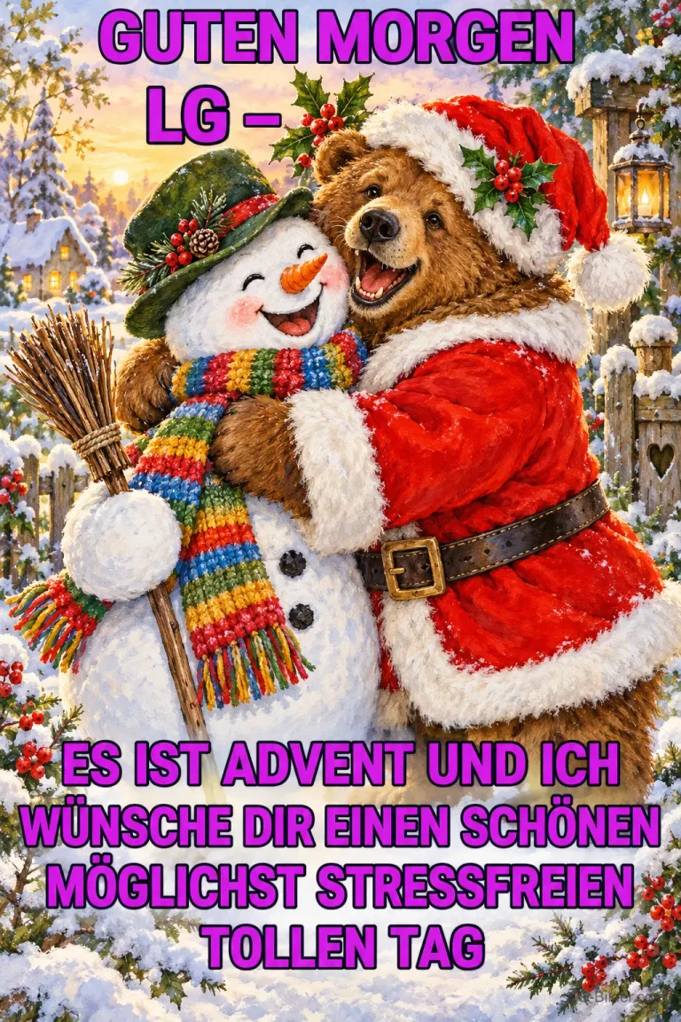 Schneemann und Bär im Weihnachtsmantel umarmen sich im Schnee, Text: GUTEN MORGEN LG – ES IST ADVENT UND ICH WÜNSCHE DIR EINEN SCHÖNEN MÖGLICHST STRESSFREIEN TOLLEN TAG