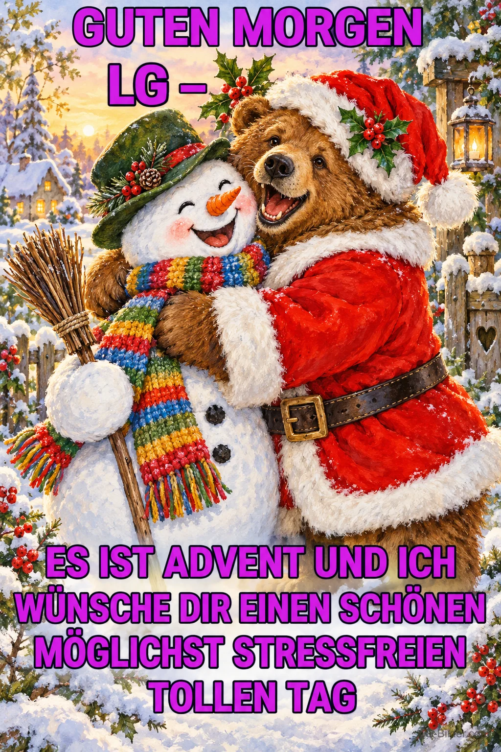 Schneemann und Bär im Weihnachtsmantel umarmen sich im Schnee, Text: GUTEN MORGEN LG – ES IST ADVENT UND ICH WÜNSCHE DIR EINEN SCHÖNEN MÖGLICHST STRESSFREIEN TOLLEN TAG Schneemann und Bär im Weihnachtsmantel umarmen sich im Schnee, Text: GUTEN MORGEN LG – ES IST ADVENT UND ICH WÜNSCHE DIR EINEN SCHÖNEN MÖGLICHST STRESSFREIEN TOLLEN TAG