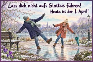 Mann rutscht auf vereistem Weg aus, Text: Lass dich nicht aufs Glatteis führen! Heute ist der 1. April!