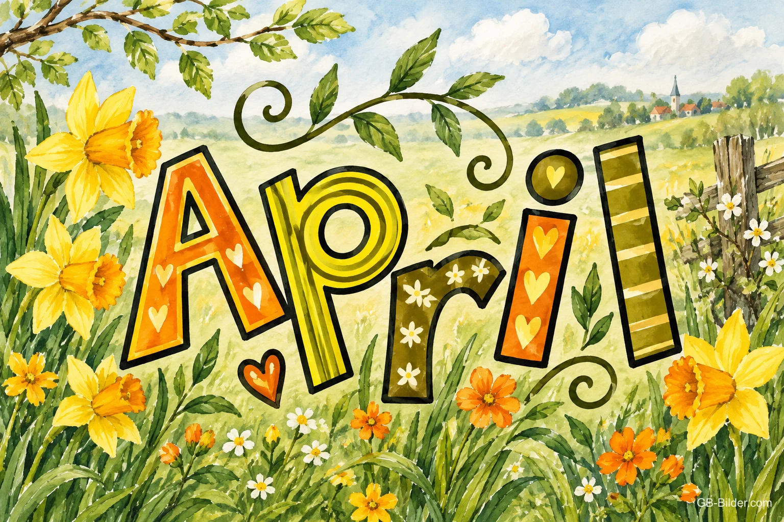 Verzierte Buchstaben auf einer Frühlingswiese, Text: April