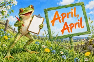Grinsender Frosch mit Klemmbrett und Stift steht neben einem Schild auf einer Frühlingswiese, Text: April, April