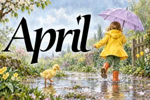 Kind im gelben Regenmantel springt durch Pfützen, Text: April