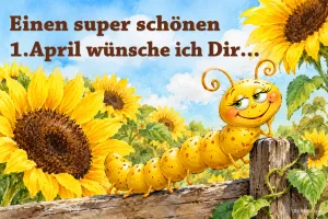 Lächelnde gelbe Raupe auf einem Zaun zwischen Sonnenblumen, Text: Einen super schönen 1. April wünsche ich Dir...