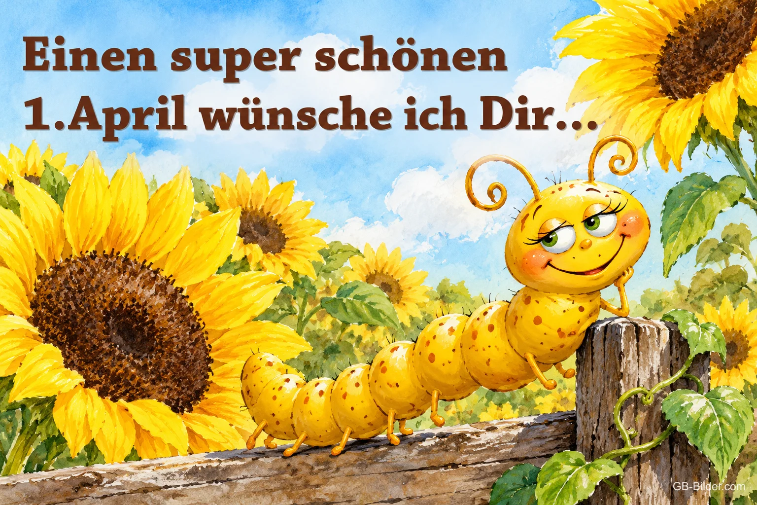 Lächelnde gelbe Raupe auf einem Zaun zwischen Sonnenblumen, Text: Einen super schönen 1. April wünsche ich Dir...