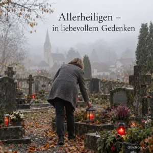 Eine Frau stellt an einem nebligen Novembertag eine Grablaterne auf ein Grab in einem Dorffriedhof, Text: Allerheiligen – in liebevollem Gedenken