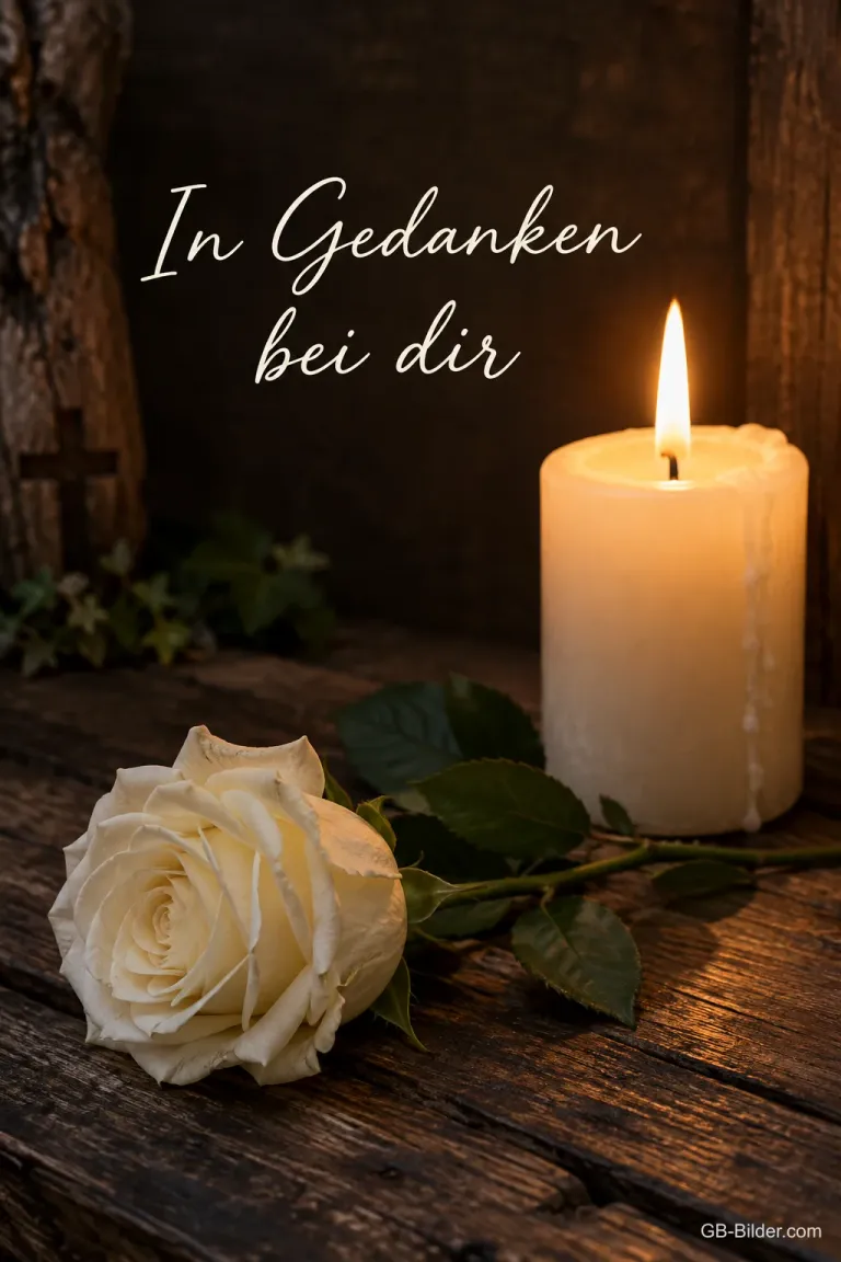 Eine brennende Kerze steht neben einer weißen Rose auf dunklem Holz, Text: In Gedanken bei dir