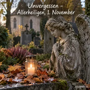 Ein verwitterter Steinengel kniet neben einem Grablicht zwischen Heidekraut und Herbstlaub, Text: Unvergessen – Allerheiligen, 1. November