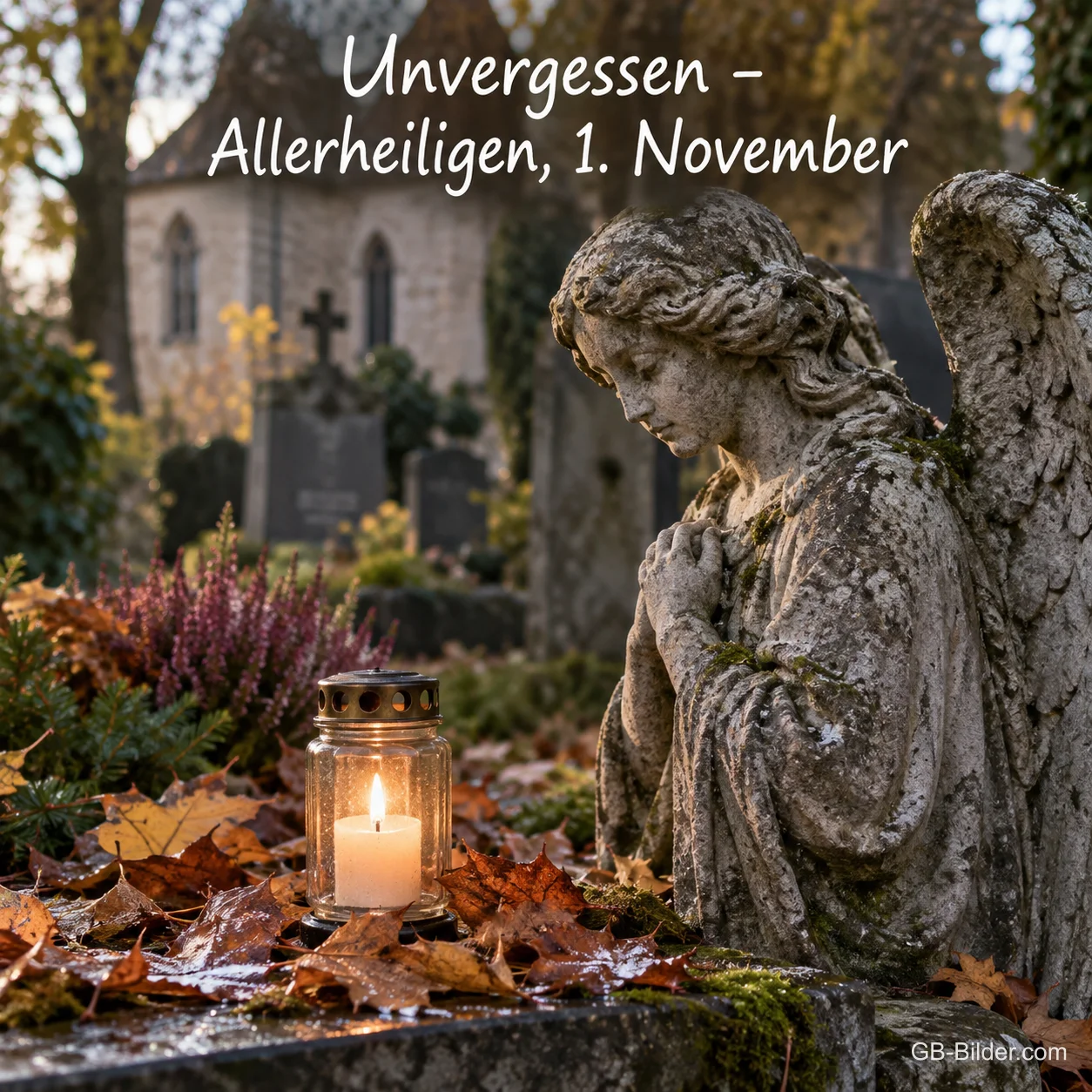 Ein verwitterter Steinengel kniet neben einem Grablicht zwischen Heidekraut und Herbstlaub, Text: Unvergessen – Allerheiligen, 1. November Ein verwitterter Steinengel kniet neben einem Grablicht zwischen Heidekraut und Herbstlaub, Text: Unvergessen – Allerheiligen, 1. November