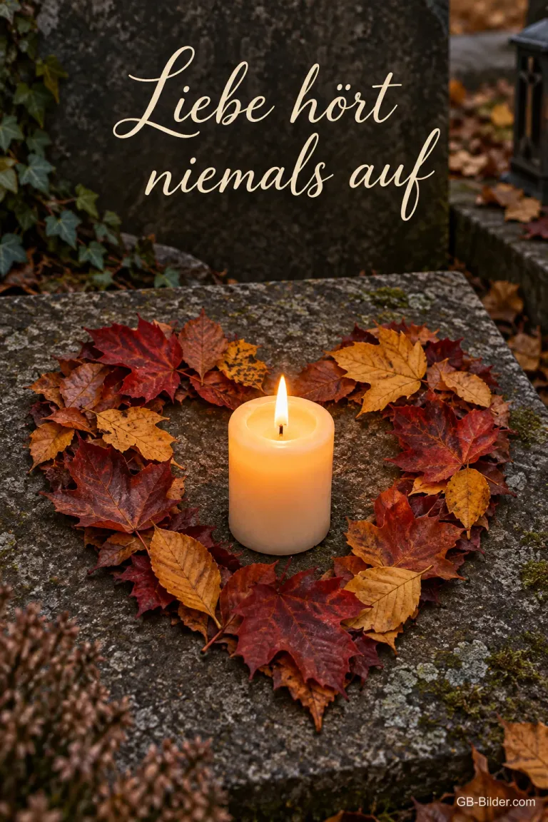 Eine Kerze brennt in einem Herz aus roten und goldenen Herbstblättern auf einer Steinplatte, Text: Liebe hört niemals auf