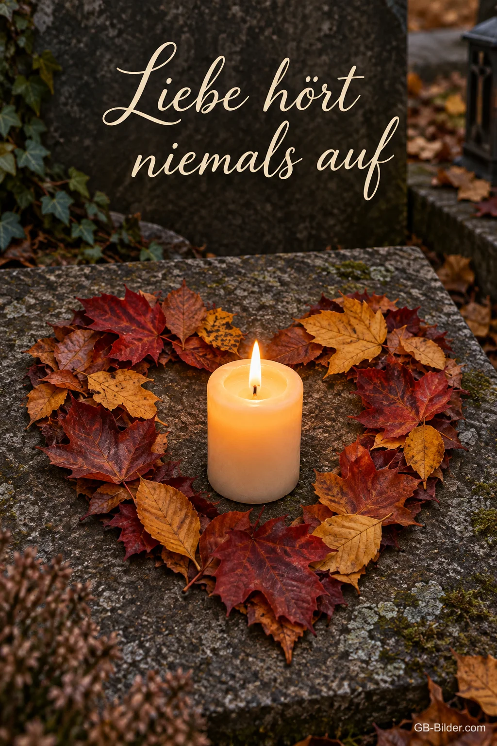 Eine Kerze brennt in einem Herz aus roten und goldenen Herbstblättern auf einer Steinplatte, Text: Liebe hört niemals auf Eine Kerze brennt in einem Herz aus roten und goldenen Herbstblättern auf einer Steinplatte, Text: Liebe hört niemals auf