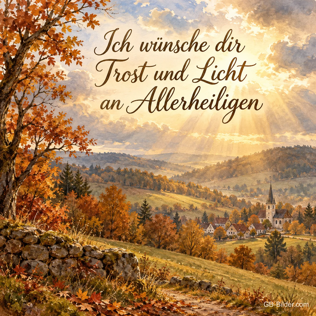 Sonnenstrahlen brechen durch die Wolken über herbstliche Hügel und ein kleines Dorf mit Kirche, Text: Ich wünsche dir Trost und Licht an Allerheiligen Sonnenstrahlen brechen durch die Wolken über herbstliche Hügel und ein kleines Dorf mit Kirche, Text: Ich wünsche dir Trost und Licht an Allerheiligen
