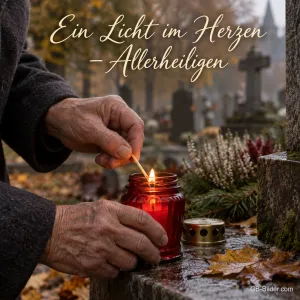 Die Hände eines älteren Mannes zünden mit einem Streichholz ein rotes Grablicht an, Text: Ein Licht im Herzen – Allerheiligen