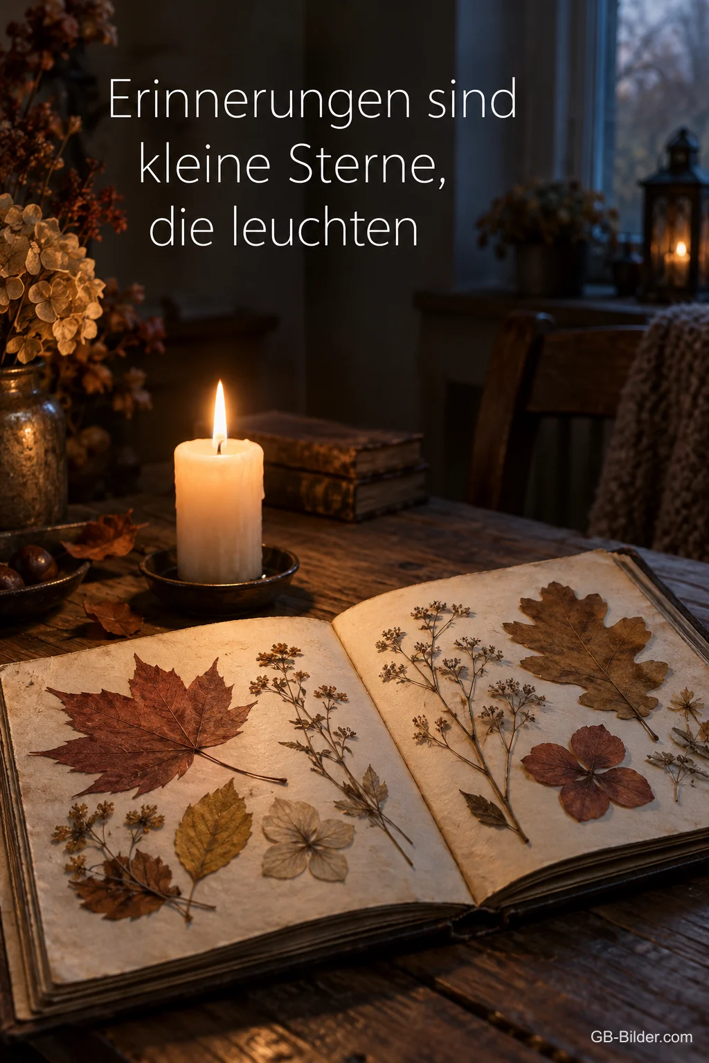 Eine Kerze brennt neben einem aufgeschlagenen Album mit gepressten Blüten und Blättern, Text: Erinnerungen sind kleine Sterne, die leuchten Eine Kerze brennt neben einem aufgeschlagenen Album mit gepressten Blüten und Blättern, Text: Erinnerungen sind kleine Sterne, die leuchten