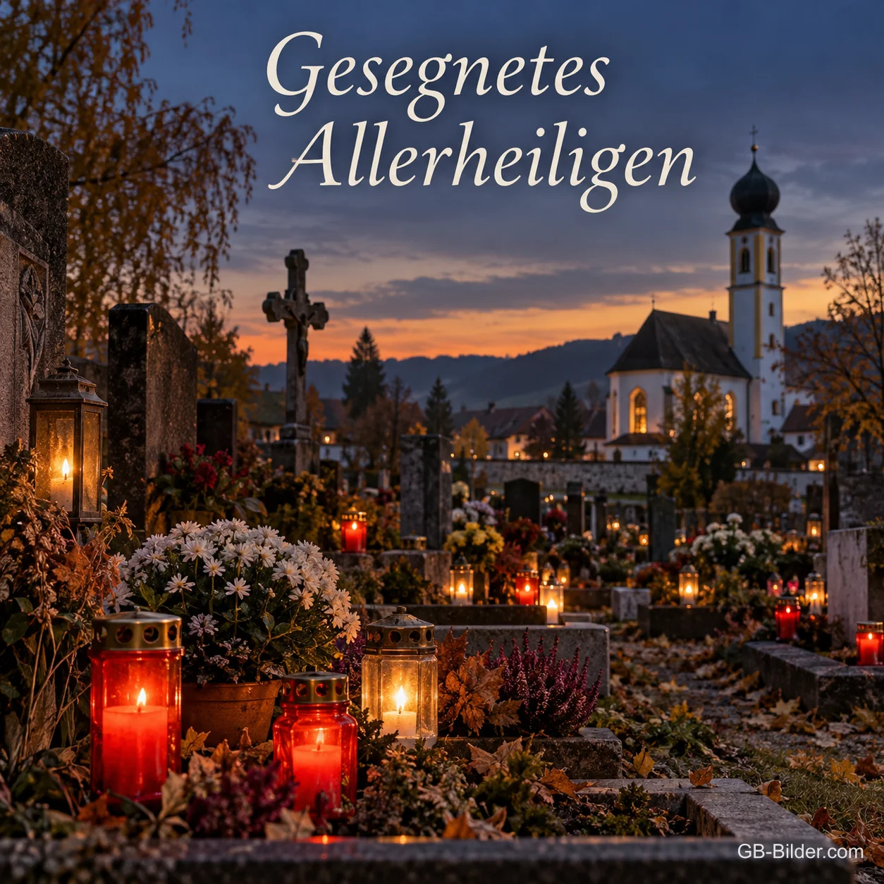 Viele Grablichter leuchten in der Abenddämmerung auf einem bayerischen Friedhof mit Zwiebelturmkirche, Text: Gesegnetes Allerheiligen Viele Grablichter leuchten in der Abenddämmerung auf einem bayerischen Friedhof mit Zwiebelturmkirche, Text: Gesegnetes Allerheiligen